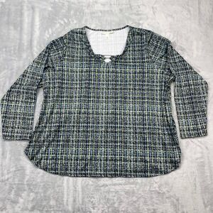 Emaline‎ Woman 2X Black Blue Green Plaid Print V Neck Long Sleeve Tunic Top